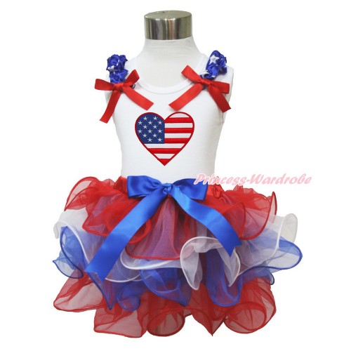 American's Birthday White Tank Top With Patriotic American Star Ruffles & Red Bow & Patriotic American Heart Print With Royal Blue Bow Red White Blue Petal Pettiskirt MG1220